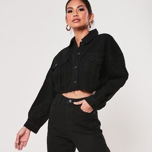 NWT Missguided Cropped Black Raw Hem Denim Jacket